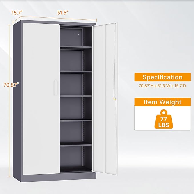 STANI Metal Garage Storage Cabinet with Lock, 71" Steel Lockable File Cabinet, Locking Steel Storage Shelf with 5 Adjustable Shelves for Home, Office, Warehouse, Garage, School (White+Grey)