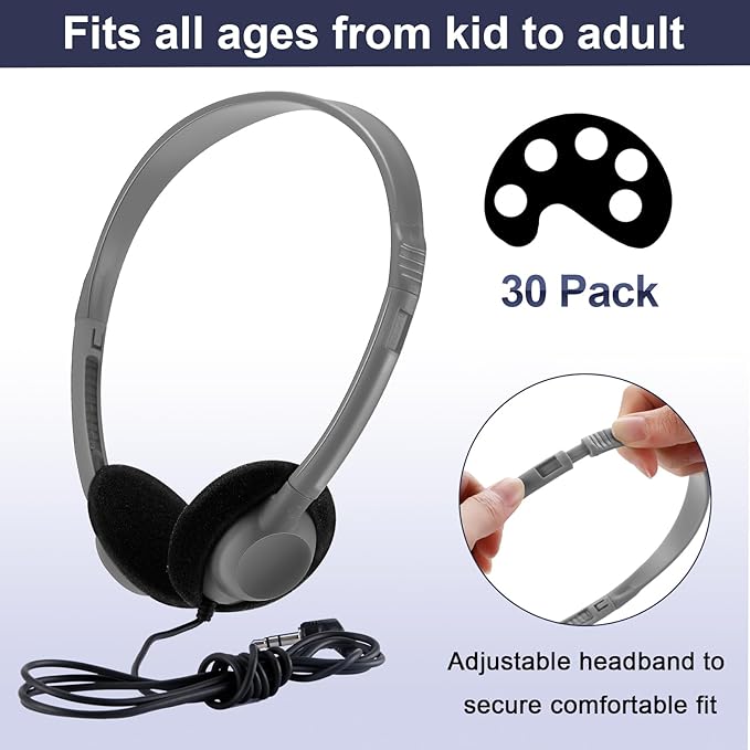 Yunsailing 30 Pack Class Set Headphones for Kids Students Bulk Classroom Headsets School Earphones Adjustable with 3.5mm Jack for Children Youth Boys Girls Adults Laptop Computer(Grey)