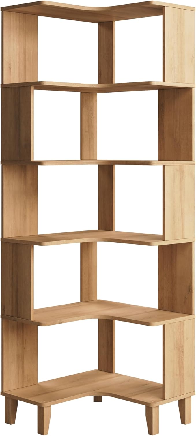 Prepac Nordik 6-Tier Natural Oak Modern Mid Century Corner Bookcase, 71.5" Extra Tall Corner Shelf with Storage, Multifunctional Freestanding Bookshelf for Home Office, Living Room, Bedroom