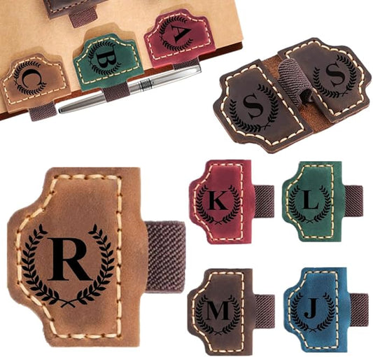 Custom Bookmark with Pen Holder with 26 Letters Personalized Magnetic Leather Book Mark, Customized Name Book Marker Clip with Initial for Men Women, Gifts for Book Lovers, Readers, (Brown, R)