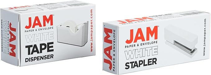 JAM PAPER Office & Desk Sets - 1 Stapler & 1 Tape Dispenser - White - 2/Pack