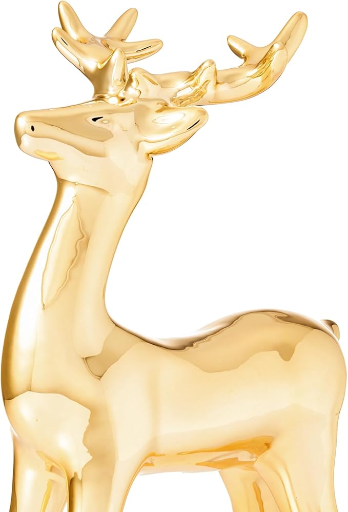 WDS WONDROUS Christmas Decorations Reindeer Figurines, Gold Set of 2 Ceramic Reindeer Statues Xmas Decor Indoor, Christmas Deer Figurines, Deer Decor for Tabletop Home Bedroom Winter Living Room