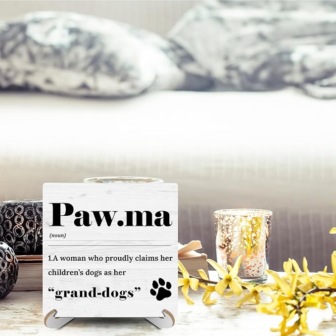 Paw Ma Definition Dog Mom Wood Sign Desk Decor Funny Rustic Office Cubicle Decor Plaque with Wooden Stand Farmhouse Desk Accessories for Home Table Shelf Tiered Tray Pet Dog Lover Gifts
