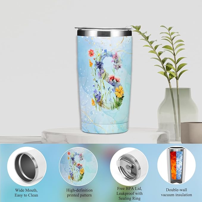 Personalized Gifts for Women Monogrammed Birthday Gifts for Women, Wife Girlfriend Christmas, Initial 20 oz Tumbler, Makeup Cosmetic Bag Cup Pens Journal Notebook 6 Set, (Aesthetic Blue Flower S)