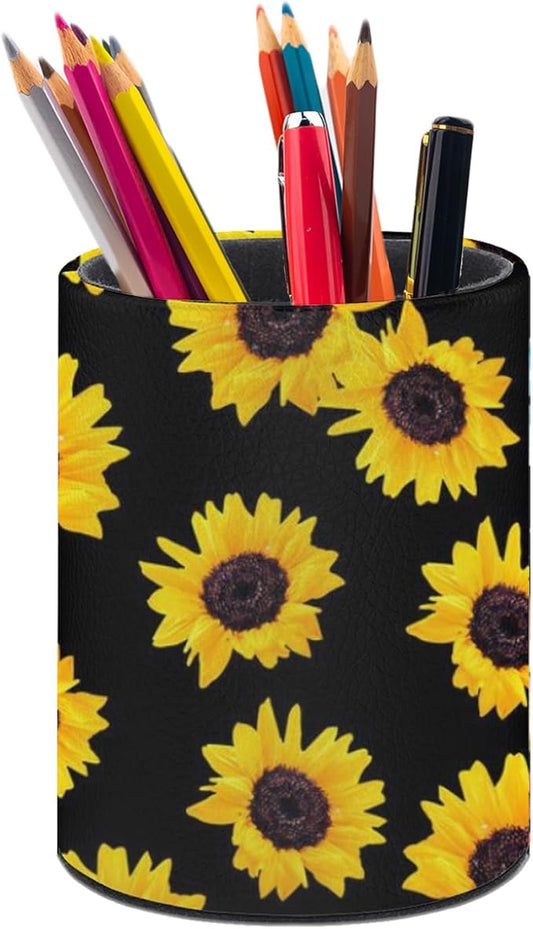 Sunflower Pen Holder Pencil Organizer Cute Pencil Cup Desk Decor Makeup Brush Holder PU Multifunctional Office Suppliesfor Home Classroom School