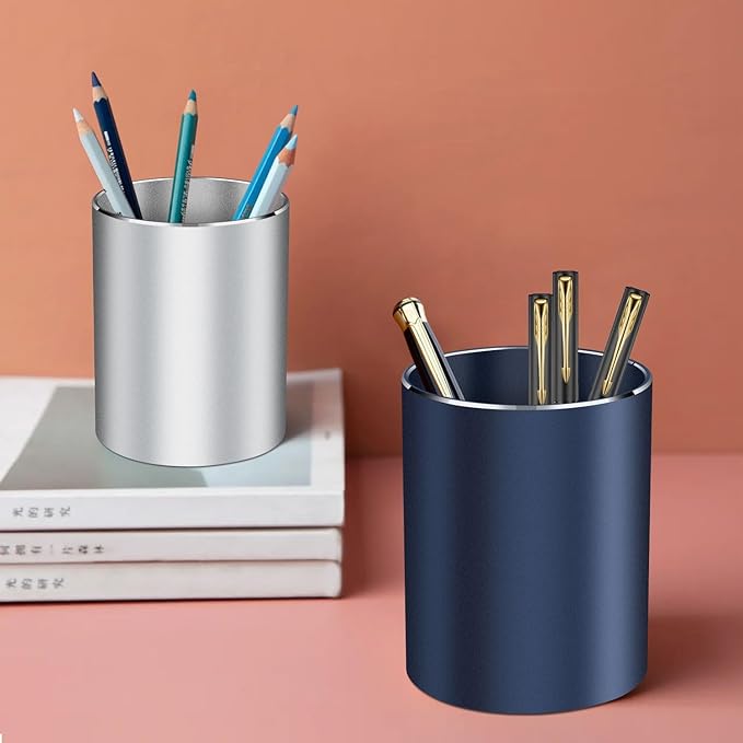 Pen holder, aluminum alloy waterproof pen holder, desktop simple and modern minimalist, multifunctional office supplies for families, kids and schools silver