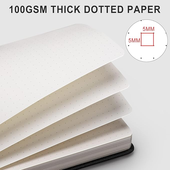 AHGXG Bullet Dotted Journal - 320 Numbered Pages Dot Grid Notebook A5 Thick Journal, 100gsm Thick Dotted Paper, Leather Hardcover,Inner Pocket, 5.75'' × 8.38'' - Black