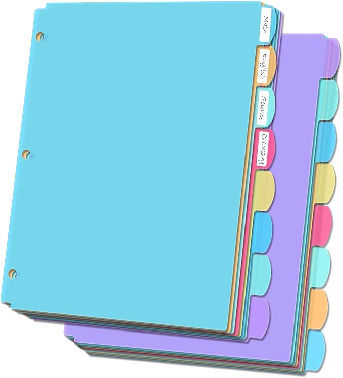 8-Tab Plastic Dividers for 3 Ring Binders, Write & Erase, Folder Dividers with Tabs for 8.5 x 11'' Letter Size Papers, Assorted Color, 2 Set