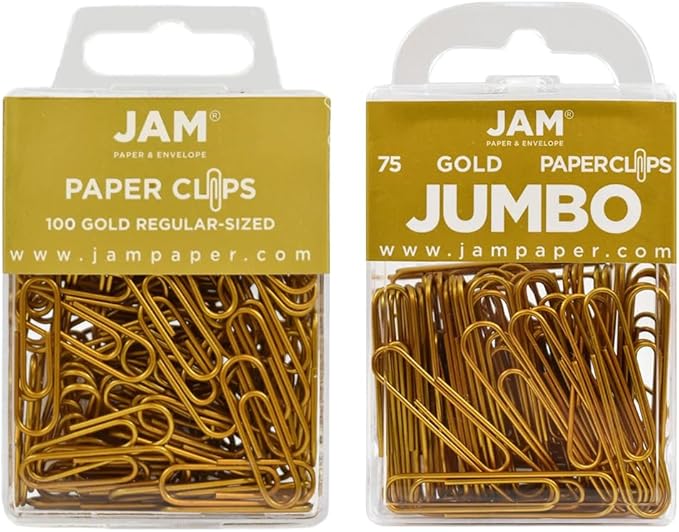 JAM PAPER Combo Pack Colorful Paper Clips - Standard & Jumbo - Gold Paperclips - 1 Pack of 100 & 1 Pack of 75