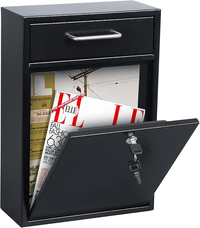 xydled Metal Mailbox Wall Mount, Large Locking Mailbox with Key Lock, Hanging Secure Postbox, Security Key Drop Box, Collection Boxes, Black, 17.6H x 12.2L x 5.7W Inches, XL Large
