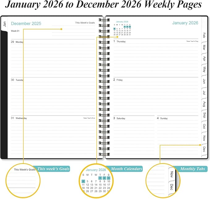 2026 Planner - Planner 2026 from January 2026 - December 2026, Weekly & Monthly Planner Spiral Bound with 12 Monthly Tabs, Inner Pocket, 6.4" x 8.5", Black-E