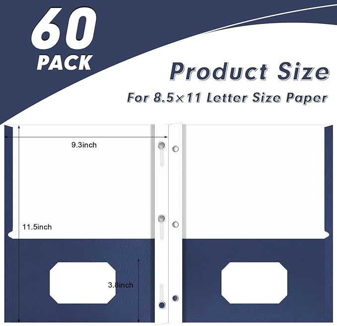 Two Pocket Folders, PANDRI 60 Pack Two Pocket Folders with Prongs, 3 Prong Folders Designed for Office and Classroom, Letter Size Darkblue