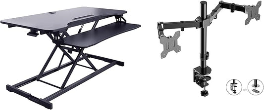 Rocelco 43" Height Adjustable Standing Desk Converter with Dual Monitor Arm Mount - Tall Stand Up Tabletop Riser and Tablet Slot - Computer Workstation - Deep Keyboard Tray - Black (R VADRB-43-DM2)