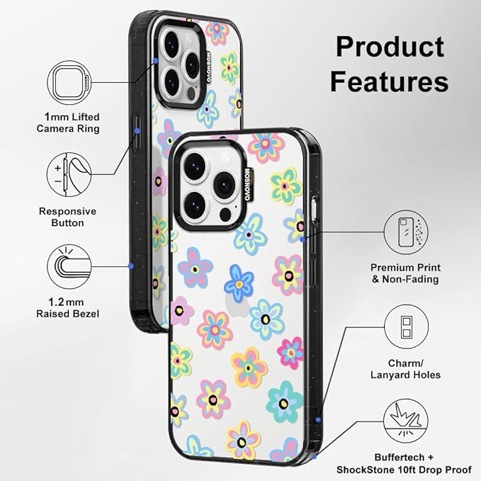 MOSNOVO Case for iPhone 14 Pro Max, [10ft 4X Military-Grade Drop Protection] Durable & Shockproof Phone Case Cover Design for iPhone 14 Pro Max - Groovy Flower - Clear Black