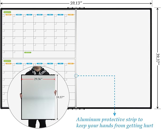 JILoffice Magnetic Foldable Dry Erase Calendar Whiteboard Combo, 2 Month Calendar Board & White Board 60 X 40 Inch, Black Aluminum Frame Wall Mounted Board for Office Home and School