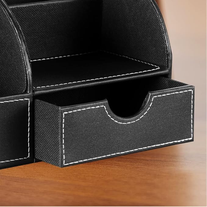 Desk Organizer, PU Leather Desktop Organizers and Accessories, Office Supplies Multi-Functional Caddy Storage with 6 Compartments and 1 Drawer, Workspace Organizer for Office Home School Classroom