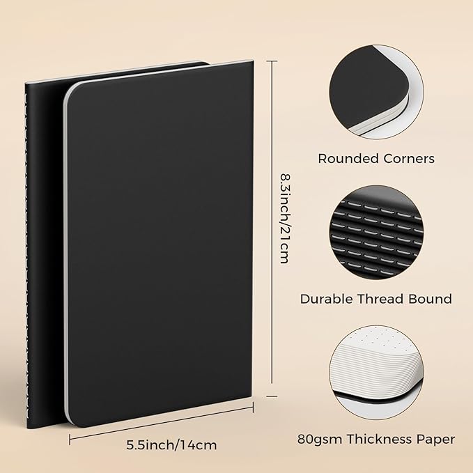 Dot Grid Notebook A5-60 Pages Thick Paper No Bleed, Black Cover Bullet Journal & Sketchbook, Lay Flat Binding for Smooth Writing | Dotted Notebook for Notes, Planning, Drawing, 12 Pack