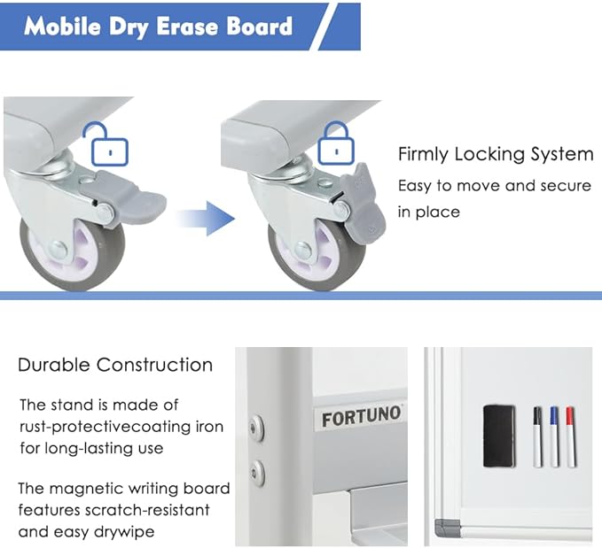 FORTUNO Large Magnetic Mobile Whiteboard 60"x48", Rolling Double Sided Stand Whiteboard on Wheels, Reversible Adjustable Height/Angle Dry Erase Board 5' x 4' Easel White Board for Office Classroom