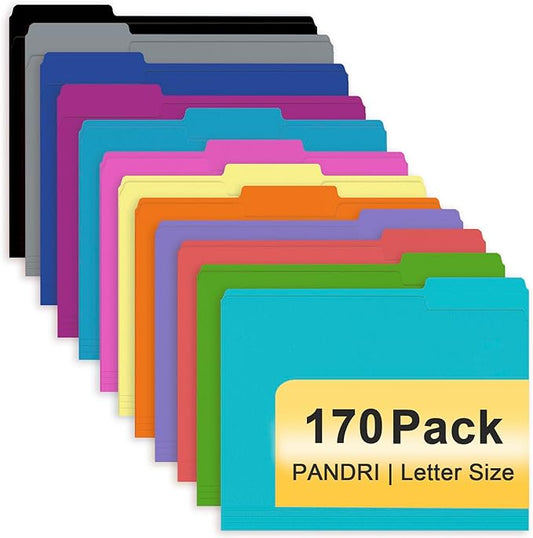 File Folder, PANDRI 170 Pack Colored File Folder, 1/3 Cut Tab, Letter Size, Assorted 12 Colors Filing Folder for Office School Business