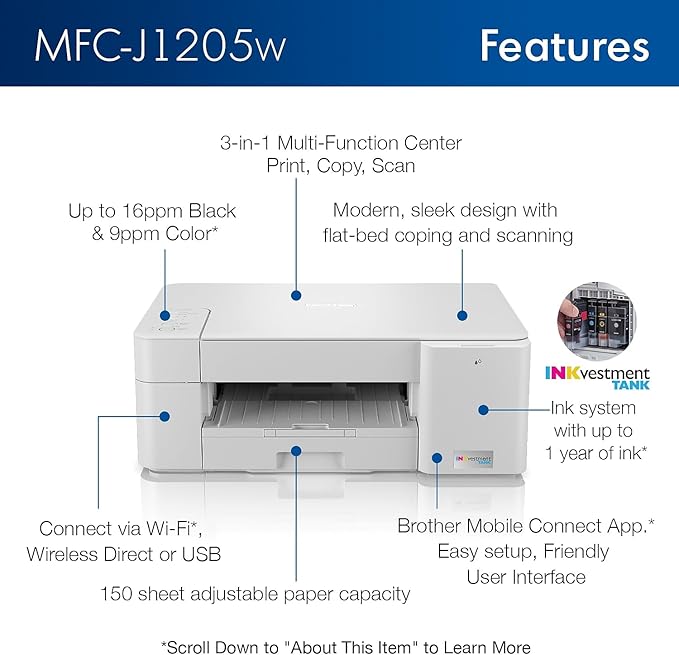 Brother MFC-J1205W INKvestment -Tank Wireless Multi-Function Color Inkjet Printer with Up to 1-Year in Box, Works with Alexa