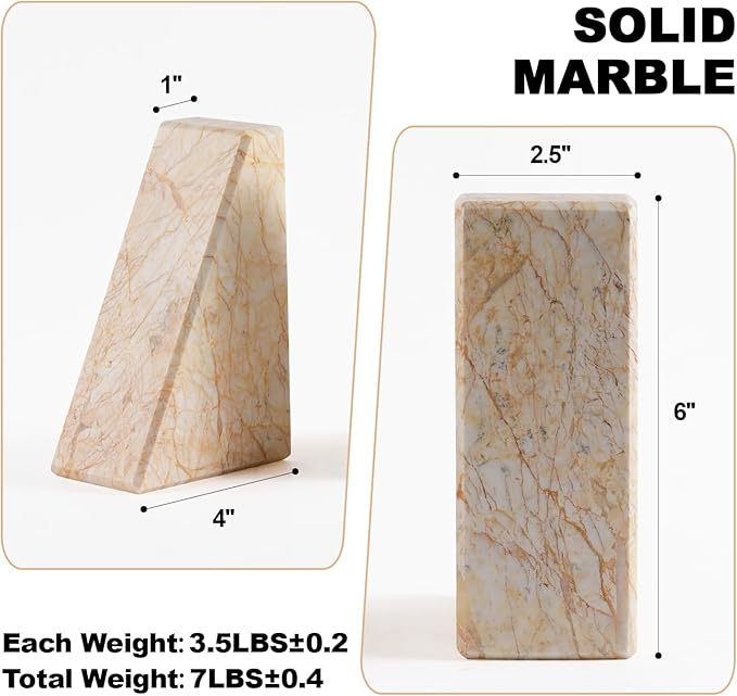 Marble Bookends，Natural Decorative Bookend for Shelves, Non-Skid Book End for Heavy Books, Idea Book Stoppers & Holder for Desk Bookshelf Decor, Modern Home Decor Cream Color Book Ends, Set of 2