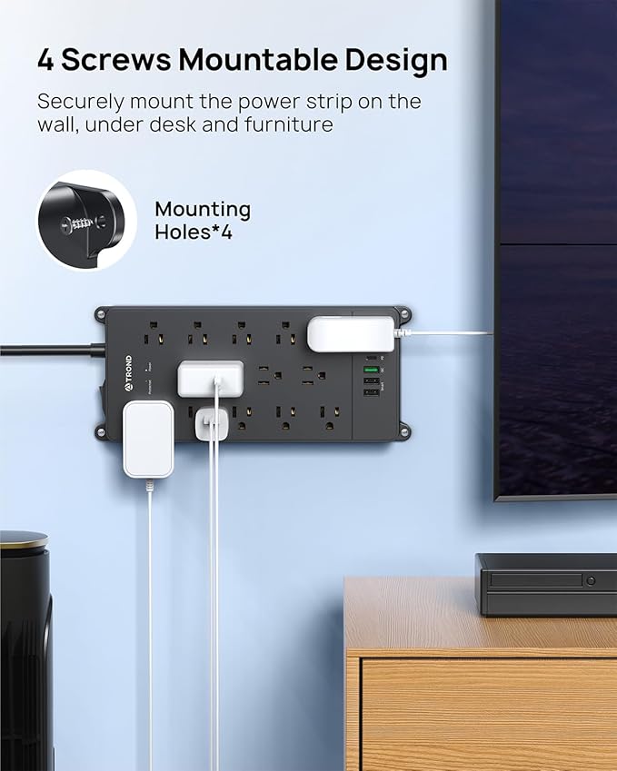 TROND Surge Protector Power Strip, 5ft Heavy Duty Extension Cord with 32W USB C & QC 3.0 Charger, 4000 Joules, ETL Listed, 13 Wide Spaced Outlets, Flat Plug, Wall Mount for Home Office Supplies, Black