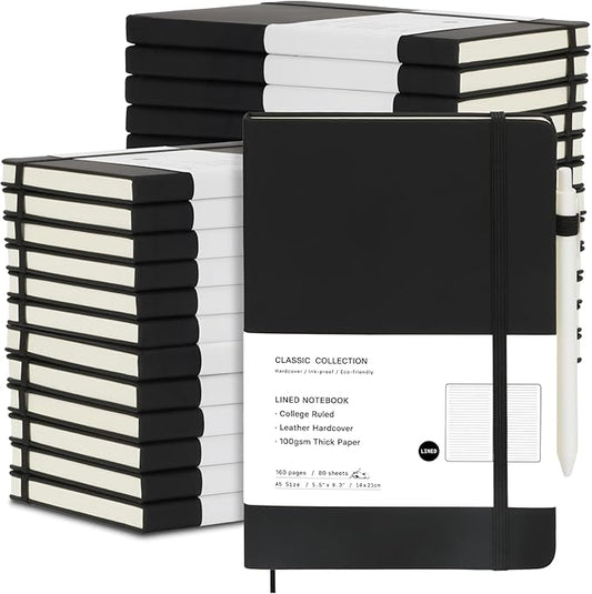 Coopay 24 Pack A5 Journal Notebook with 24 White Pens Bulk Classic Ruled Hardcover Leather Journal Set with Pen Holder for Men Women Writing Office Home School Business, 100GSM, 8.3” x 5.5” (Black)
