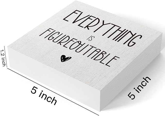mmiishe Everything Is Figureoutable Wooden Box Sign Decorative Inspirational Farmhouse Wood Box Sign Home Office Decor Motivational Gift Rustic Square Desk Decor Sign for Shelf 5 x 5 Inches