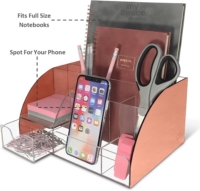 Rose Gold Desk Organizer, Acrylic, 9 Compartments, Office Supplies Desk Accessories Organizer with Drawer, Pen Holder, Office Decor Desktop Organization (Rose Gold)