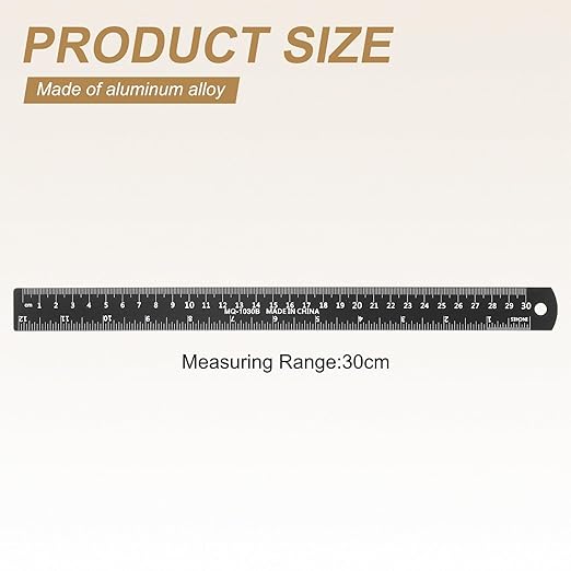 HARFINGTON 6pcs Metal Straight Ruler 30cm Metric SAE Aluminum Alloy Measuring Rulers Scale Tool with Hole for Measure Study Reading Classroom Office, Black