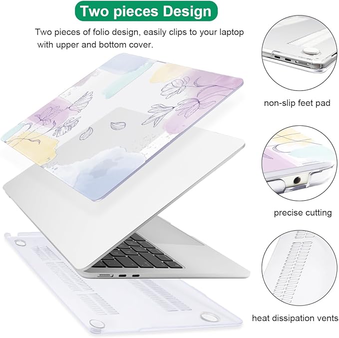 for MacBook Air 13.6 inch Case 2025 M4 A3240 2024 M3 A3113 2022 2023 A2681 M2 Chip, Crystal Plastic Pattern Hard Shell Case Cover for Mac Air 13.6 M4 2025 Touch ID, Watercolor Line Flowers