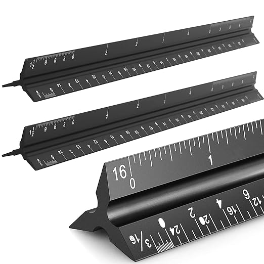 KEILEOHO 3 Pack Architectural Scale Ruler, 12 Inches Imperial Aluminum Architect Scale, Laser-Etched Triangular Drafting Ruler Drawing Ruler Tools for Architects, Engineers, Contractors, Black