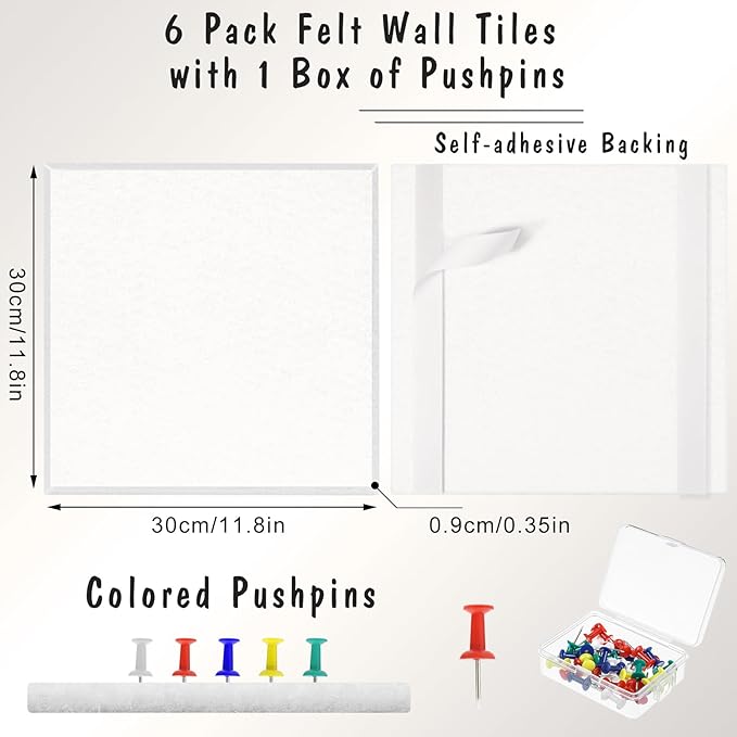 Large Cork Board 36" x 24", 6 Pack Felt Wall Tiles with Colored Pushpins, Bulletin Board with Removable Self-Adhesive Strips, Pin Board Cork Boards for Walls Office Home-White