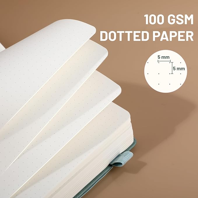 CAGIE Bullet Dotted Journal Notebook 320 Pages 100 GSM Paper Hardcover A5 Dot Grid Notebook Leather Journals for Writing Women Men Work Journaling, Green