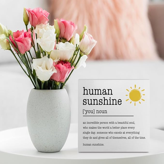 Sunshine Gifts Inspirational Office Supplies Human Sunshine Gift Decor White Wooden Box Sign Motivational Appreciation Gifts for Teacher Coworker Doctor Cubicle Accessories Home Table Decorations
