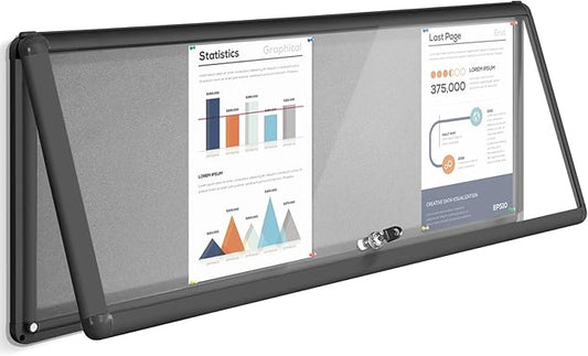 Enclosed Bulletin Board,Lockable Noticeboard with Locking Door,Wall Display Case for Indoor, Tamperproof and Shatter Resistant, Black, Aluminum Frame, 38 x 14 in