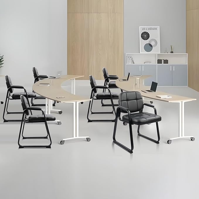 CLATINA Waiting Room Guest Chair with Bonded Leather Padded Arm Rest for Office Reception and Conference Desk Black with Sled Base