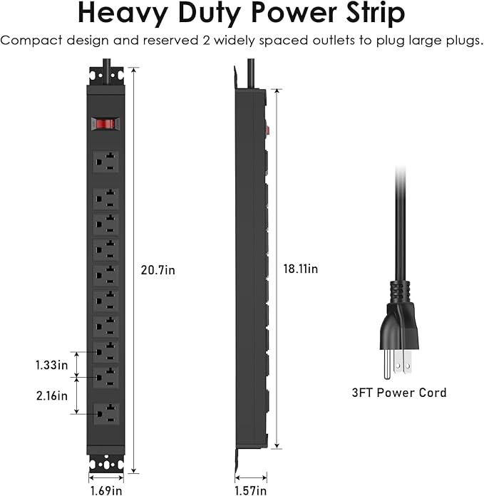 JUNNUJ Multi Angle Mount 10 Outlet 20 Amp Power Strip Heavy Duty, 2700J Surge Protector Under Desk with Switch 20A, Garage Workbench Gaming Outlet Table Wall Mountable, 3FT 12AWG Extension Cord