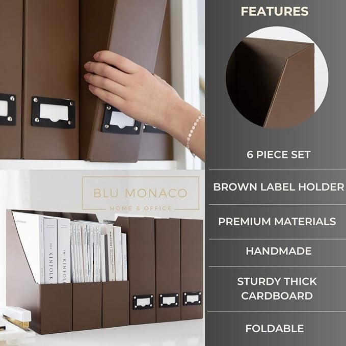 BLU MONACO Set of 6 Foldable Brown Magazine File Holders with Brown Leather Label Holders – Elegant Magazine Storage Containers & Desk Organizer for Office