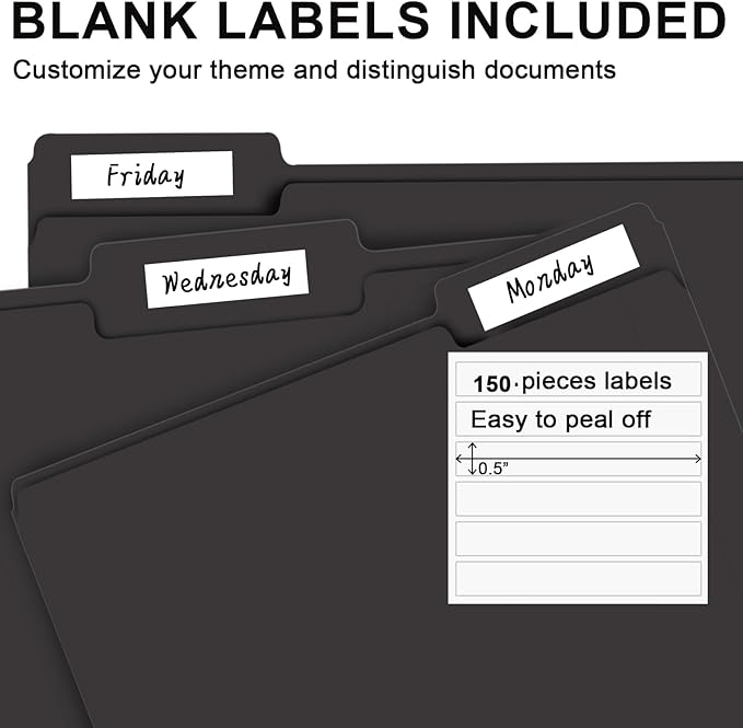 File Folder, RAZCC 150 Pack 1/3 Cut Tab File Folders Letter Size, Black Folders for Dcouments, Folders with Tab Great for Organizing and Easy File Storage