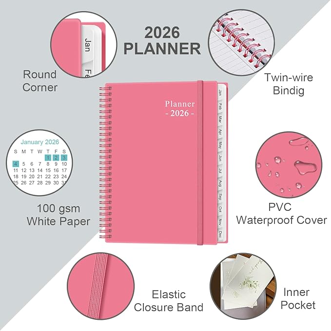 2026 Planner - Planner 2026 from January 2026 to December 2026 with 12 Monthly Tabs, Flexible Cover, Inner Pocket, 8.5" x 11", Pink