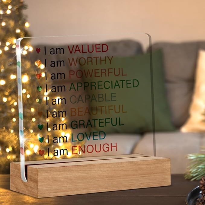 Inspirational Affirmation Gifts I Am Valued Clear Desk Decorative Sign Acrylic Sign With Wooden Stand for Office Desk Table Shelf