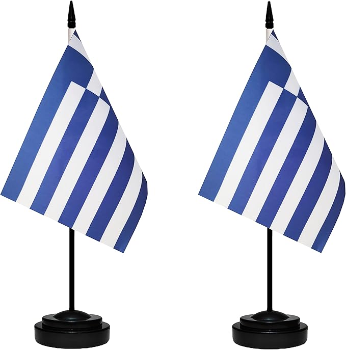Greece Flags Greek Desk Flags Set Small Mini Greece Flags Table Flag with 13" Black Pole, Black Base and Spear Top, Miniature Greek Deluxe Desktop Flag, Home Decoration, Office Decoration, Festival