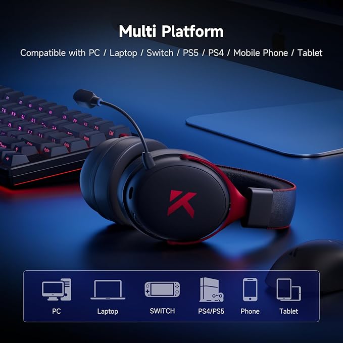 MCHOSE V9 PRO Wireless Gaming Headset 7.1 Surround Sound for PS5 PS4 PC SWITCH TOPSPEED Gaming Headphones, Noise Canceling Mic, 250Hr Battery, Low 15ms Latency, Lightweight, BT 5.3 FPS Games Black&Red