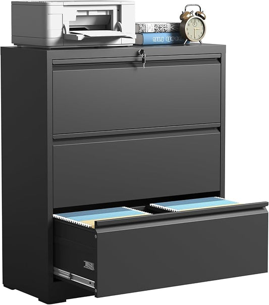 3 Drawer Lateral File Cabinets with Lock,Black Metal Lateral Filing Cabinet for Home Office,Wide Steel Storage Cabinet Commercial Drawer Cabinets for Legal/Letter/A4 Size Files Assembly Required