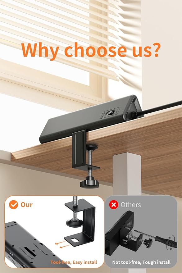 10 FT Desk Clamp Power Strip with 5 AC Outlets & 6 USB Ports PD 40W USB-C Fast Charging, 1250J Surge Protector, Fits 2.6 in top Edge Black