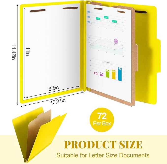 Skyygemm 72 Pcs Classification Folders Letter Size, 1 Divider Pressboard File Folder with Fasteners, Expanding File Organizer Bulk for Teachers, Clergy, Office, Church, Christmas Donations (Yellow)
