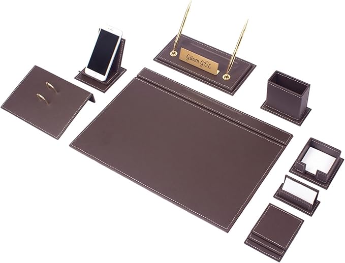 MOOGCO Leather Desk Set-Desk Office Accessories-Office Organizer- Home Office Accessories - Desk Supplies - Desk Storage Organizer -Desk Pad-Storage-12 Pieces -12 PCS(BROWN)