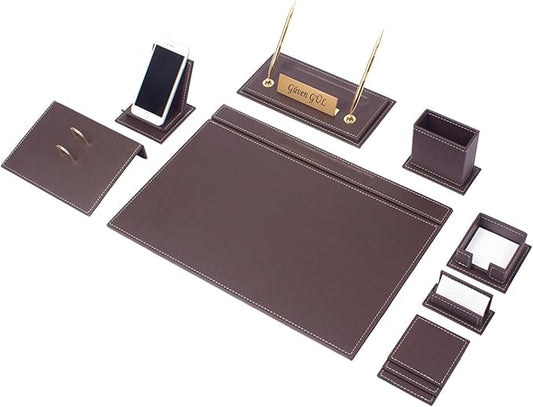 MOOGCO Leather Desk Set-Desk Office Accessories-Office Organizer- Home Office Accessories - Desk Supplies - Desk Storage Organizer -Desk Pad-Storage-12 Pieces -12 PCS(BROWN)
