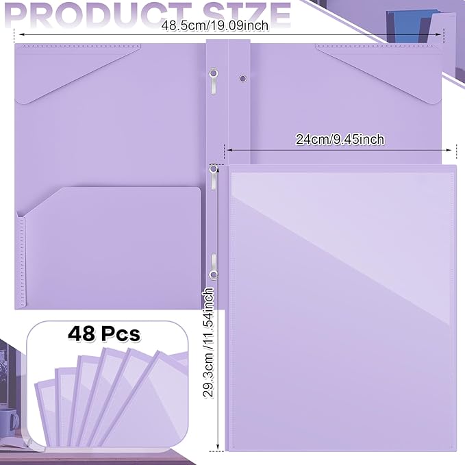 Henoyso 48 Pcs Plastic Folder with Clear Front Pocket and 3 Prongs Heavy Duty Plastic Folders with Card Slot Pocket Folders with Prongs for School Office Home(Light Purple)